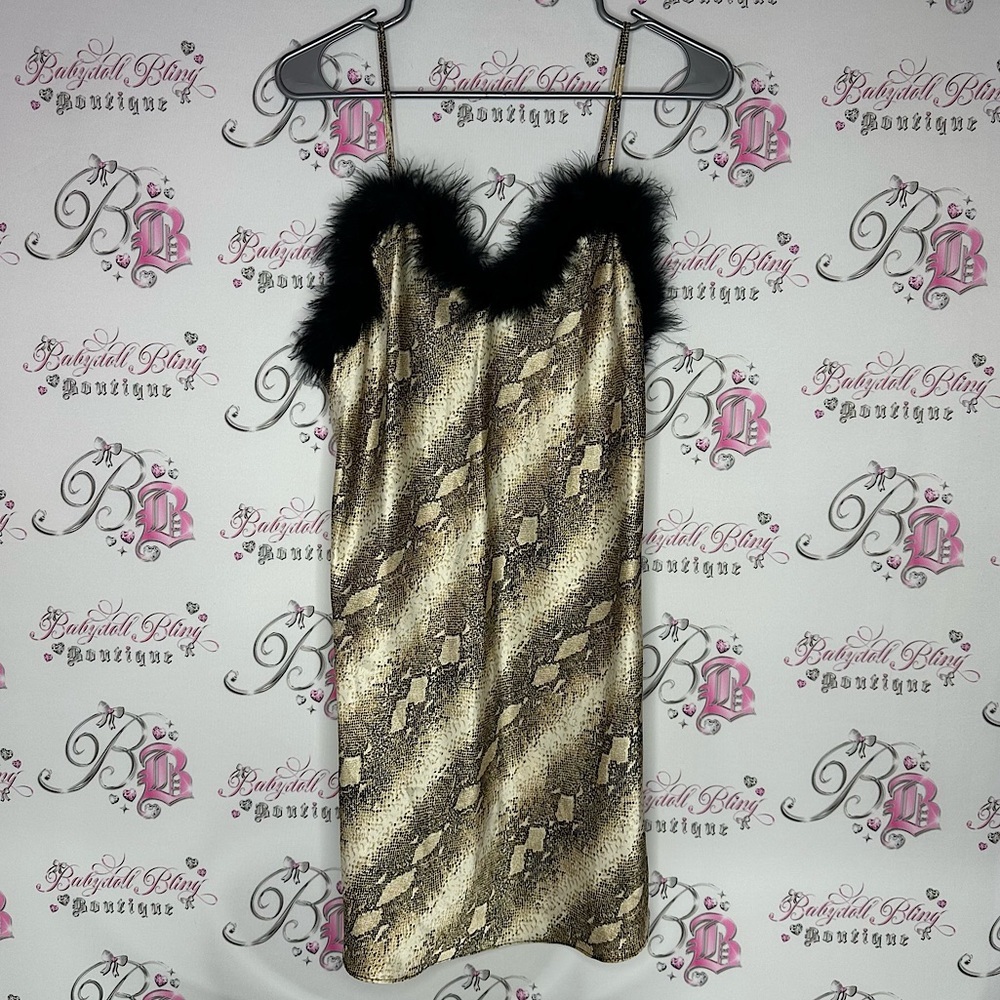 Cinema exoile fur Snake Print Dress Black Fur Trim furry feathers